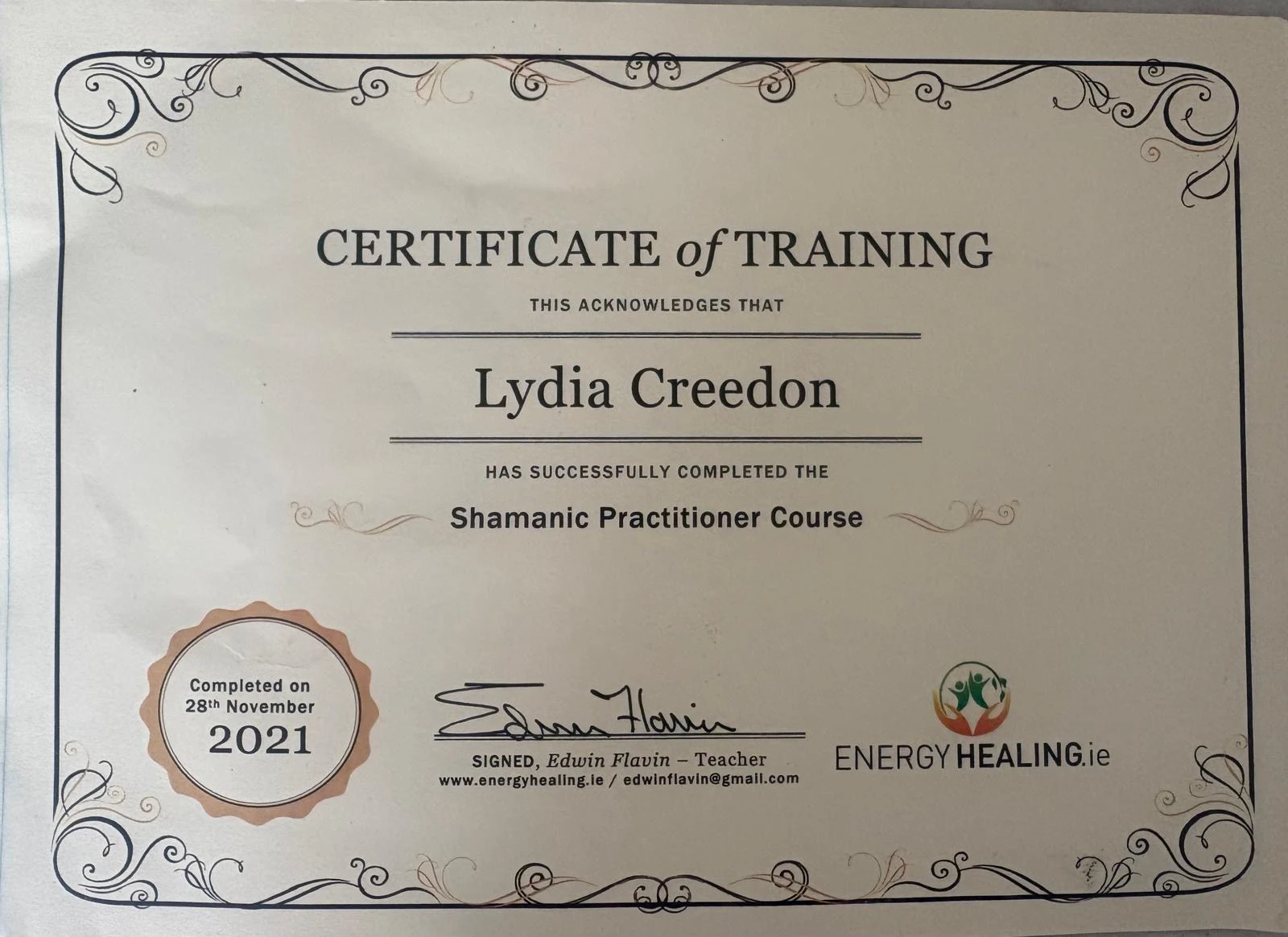 Lydia Creedon - Shamanic Healing certificate of training